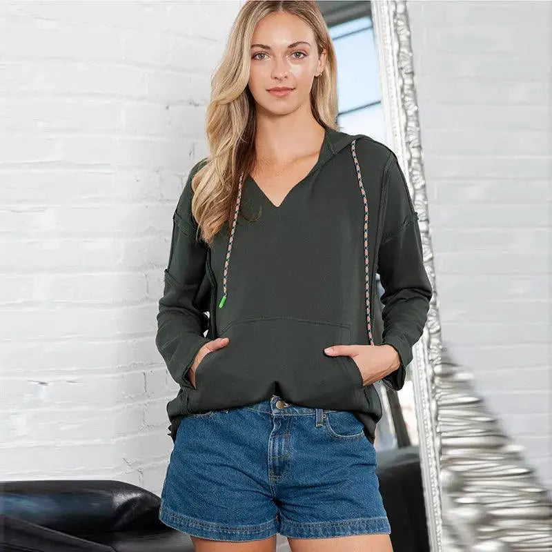 Pure Color Warm Long Sleeve Hooded Sweatshirt For Women