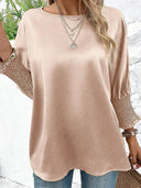 Fashion Round Neck Smocking Cuff Loose Long Sleeves T-shirt Female 2024