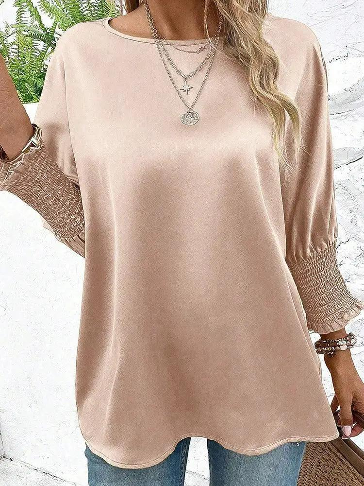 Fashion Round Neck Smocking Cuff Long Sleeve T Shirt 2024