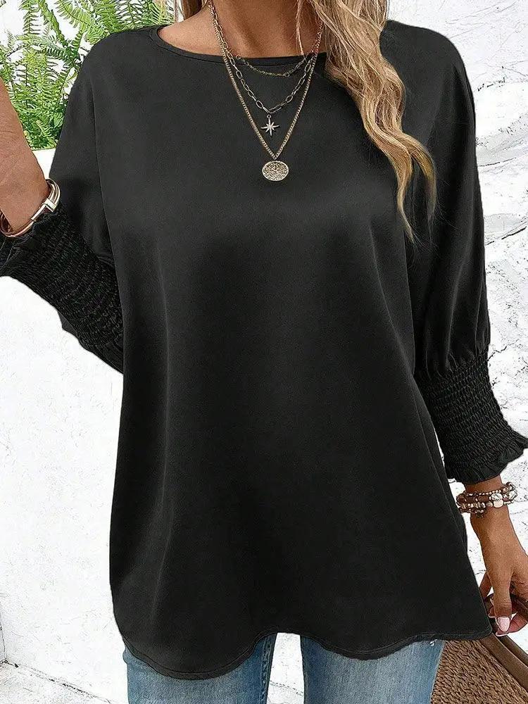 Fashion Round Neck Smocking Cuff Long Sleeve T Shirt 2024