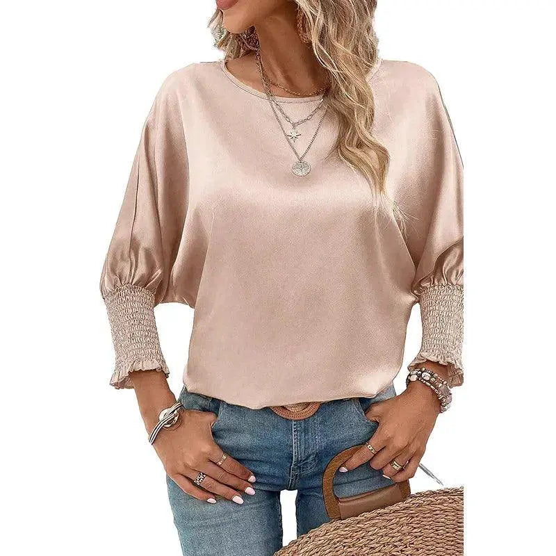 Fashion Round Neck Smocking Cuff Long Sleeve T Shirt 2024