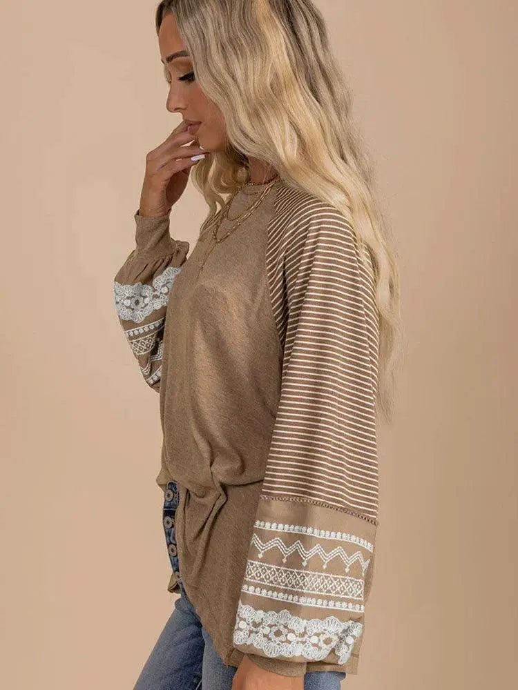 Fashion Stripes Florals Patchwork Pullover For Women 2024