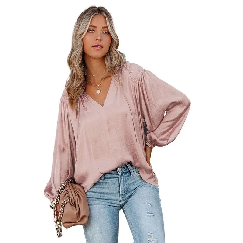 Fashion Thin V Neck Long Sleeve T Shirt For Women Casual