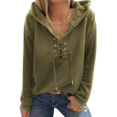 Fashion V-neck Lace-up Drawstring Hooded Sweatshirt for Women