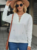 Fashion V-neck Lace-up Drawstring Hooded Sweatshirt for Women