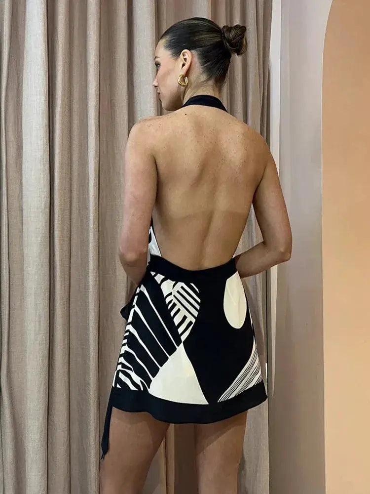 Flirtatious Club Print A Line Dress Sultry V Neck Halter