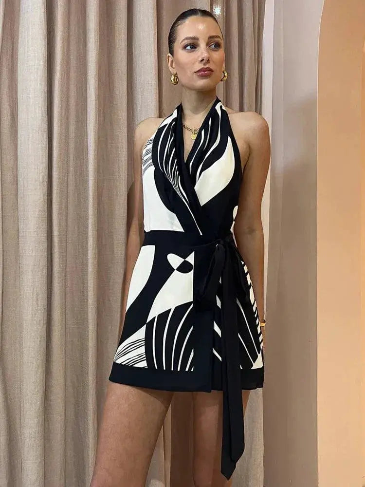 Flirtatious Club Print A Line Dress Sultry V Neck Halter