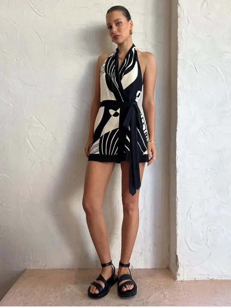 Flirtatious Club Print A Line Dress Sultry V Neck Halter