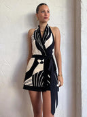 Flirtatious Club Print A-Line Dress Sultry V-Neck Halter Style