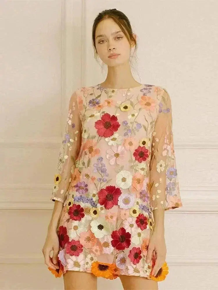 Floral Embroidered Lace Long Dress Spring Party Elegance