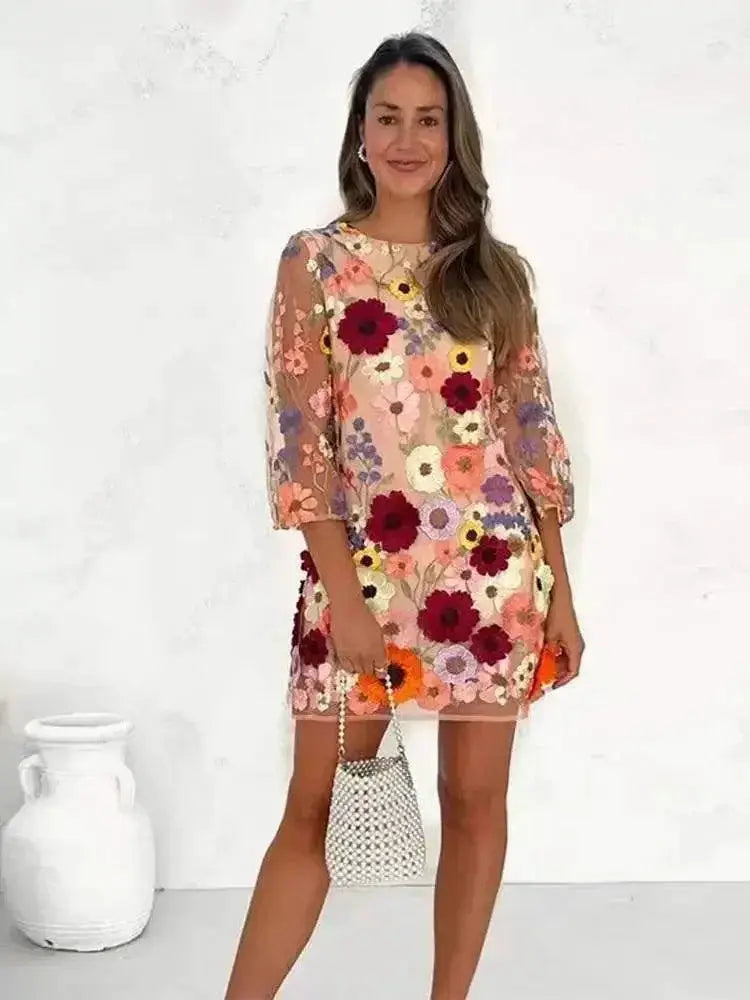 Floral Embroidered Lace Long Dress Spring Party Elegance