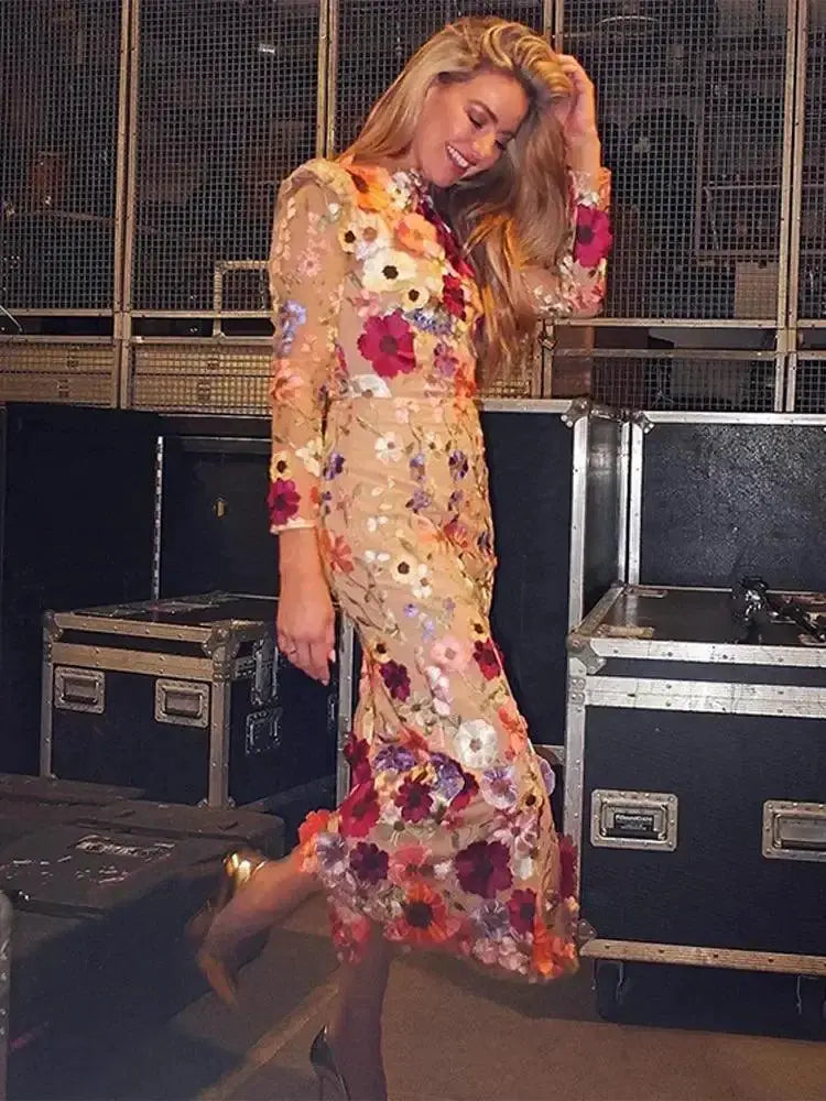 Floral Embroidered Lace Long Dress Spring Party Elegance