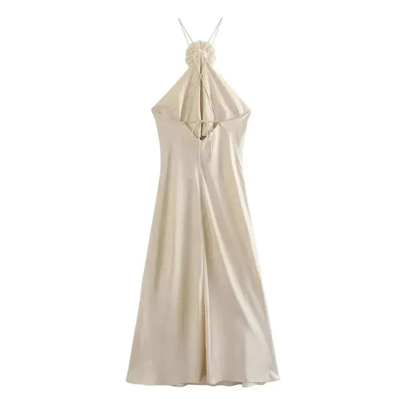 Floral Halter Satin Gown Off Shoulder Dress For Events