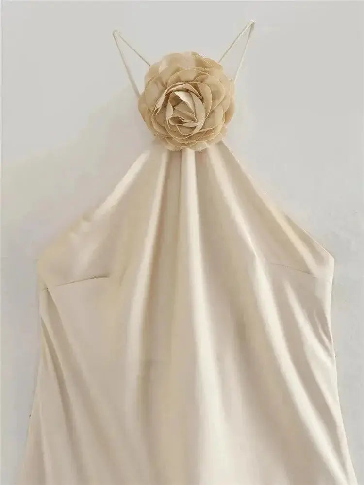 Floral Halter Satin Gown Off Shoulder Dress For Events