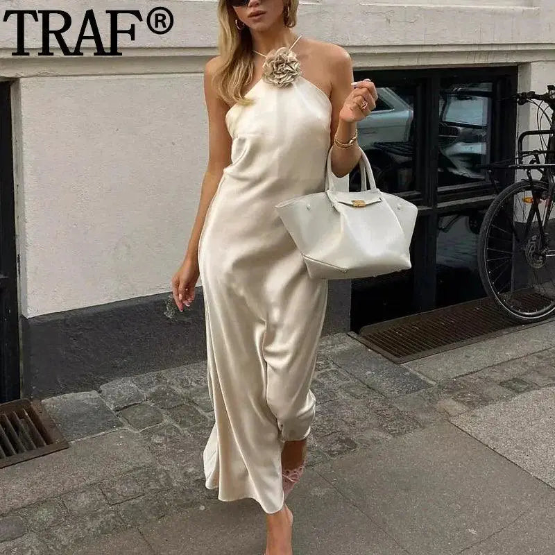 Floral Halter Satin Gown Off Shoulder Dress For Events