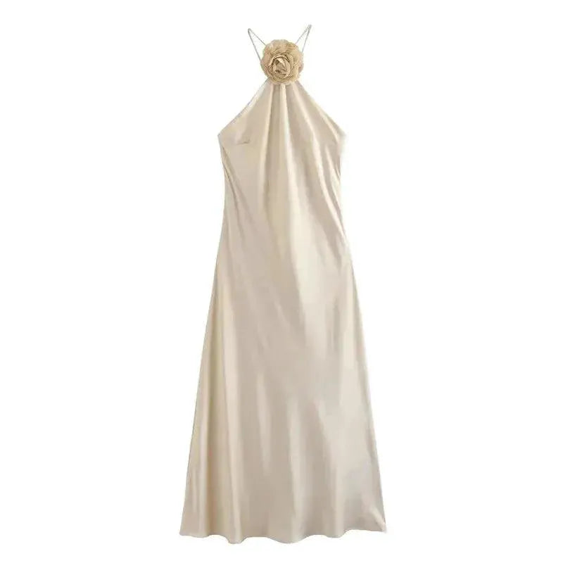 Floral Halter Satin Gown Off Shoulder Dress For Events