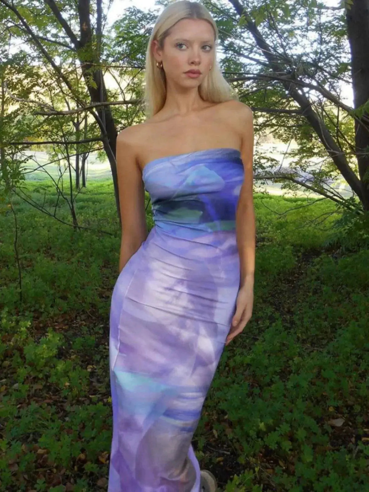 Elegant Floral Print Backless Tube Top Dress For Women