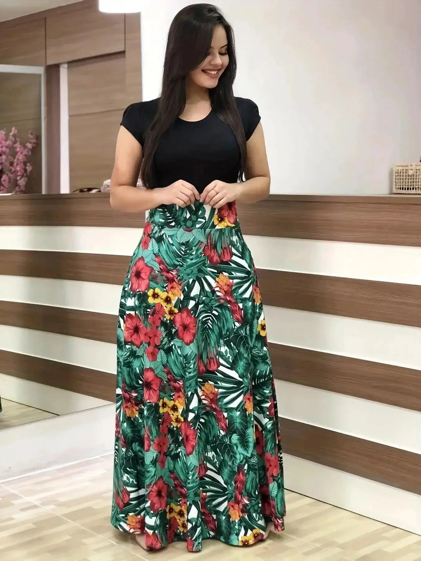 Flower Print Boho Chic Dress Swing Skirt For Women