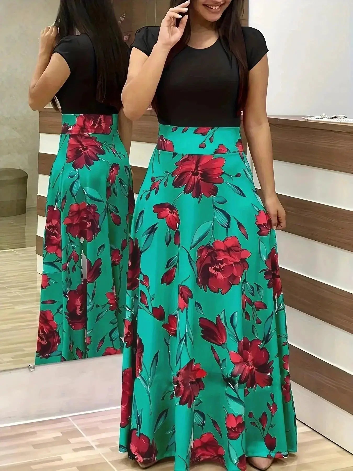 Flower Print Boho Chic Dress Swing Skirt For Women