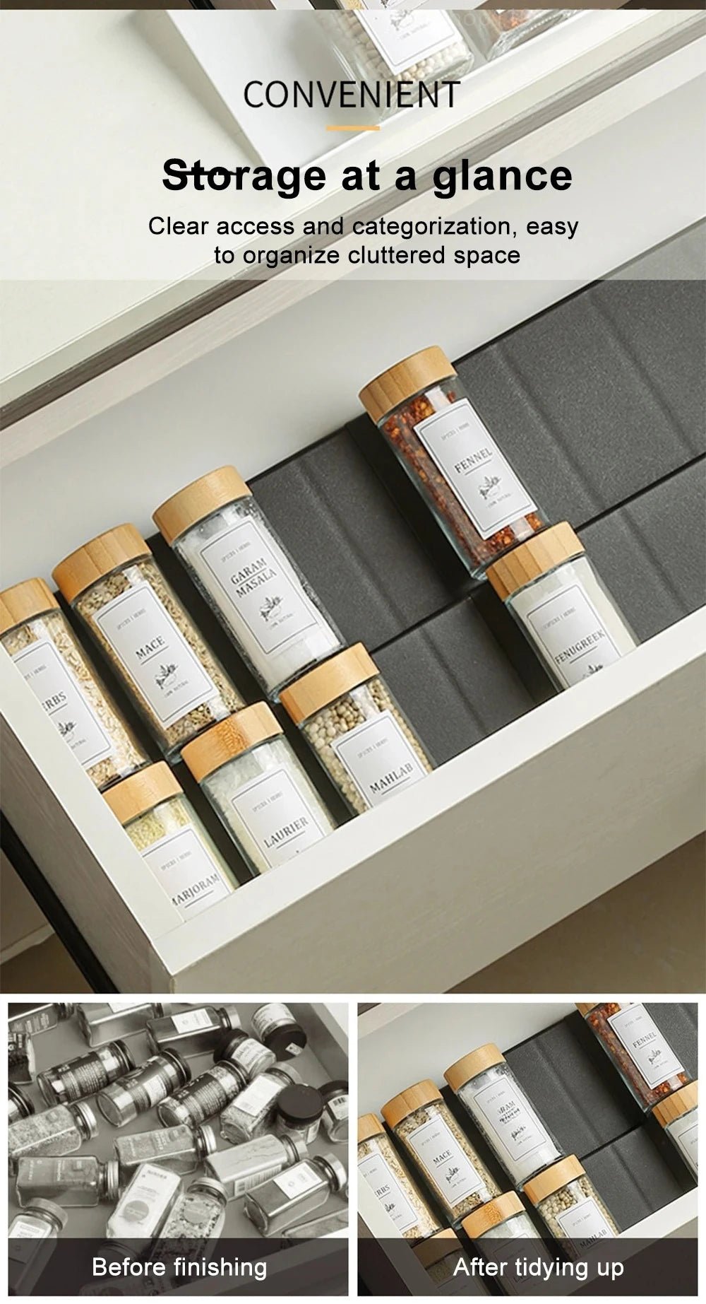 Four Layer Adjustable Spice Drawer Organizer for Jars and Bottles Spice Rack