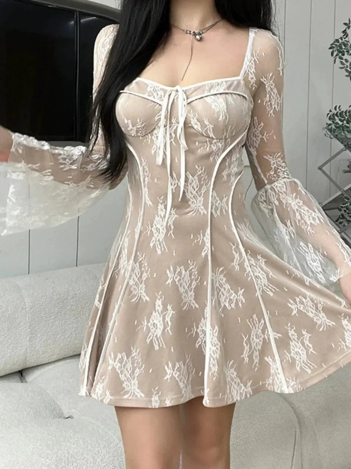French Elegance Lace Bell Sleeve A Line Dress For Women
