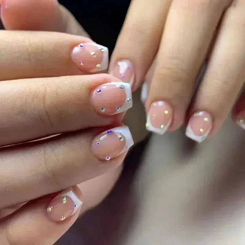 French Chic Nude White False Nails Short Square Tips Glue