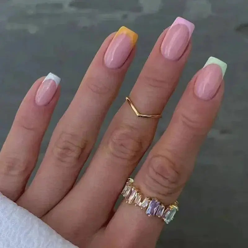 French Chic Nude White False Nails Short Square Tips Glue