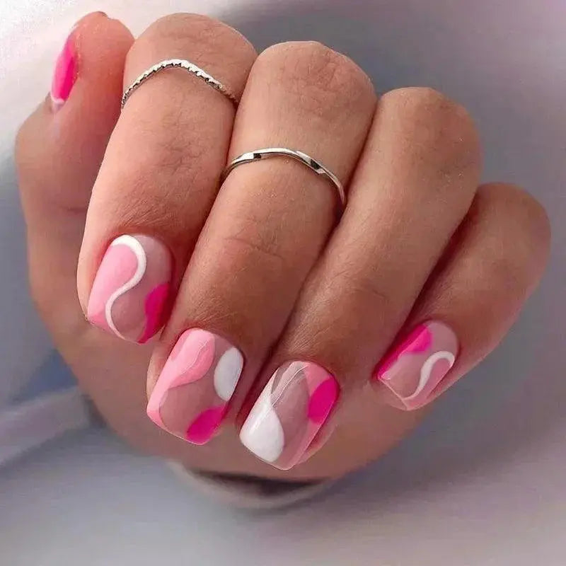 French Chic Nude White False Nails Short Square Tips Glue