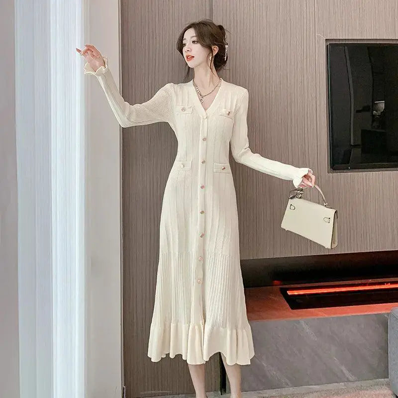 French Fashion Green Knit Dress For Elegant Events