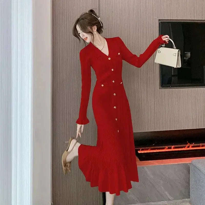 French Fashion Green Knit Dress For Elegant Events