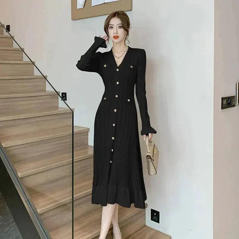 French Fashion Green Knit Dress For Elegant Events