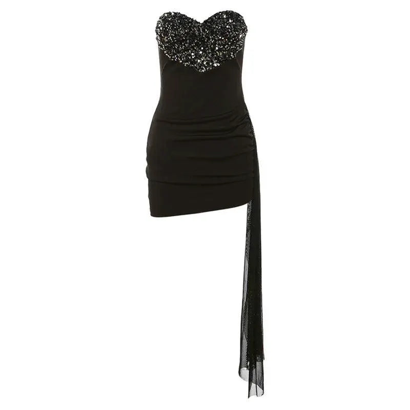 French Love Print Dress Sequin Asymmetrical Chic Evening
