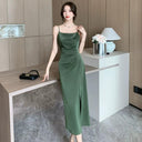 French Satin Dress Suit: Chic Off-Shoulder Summer Look