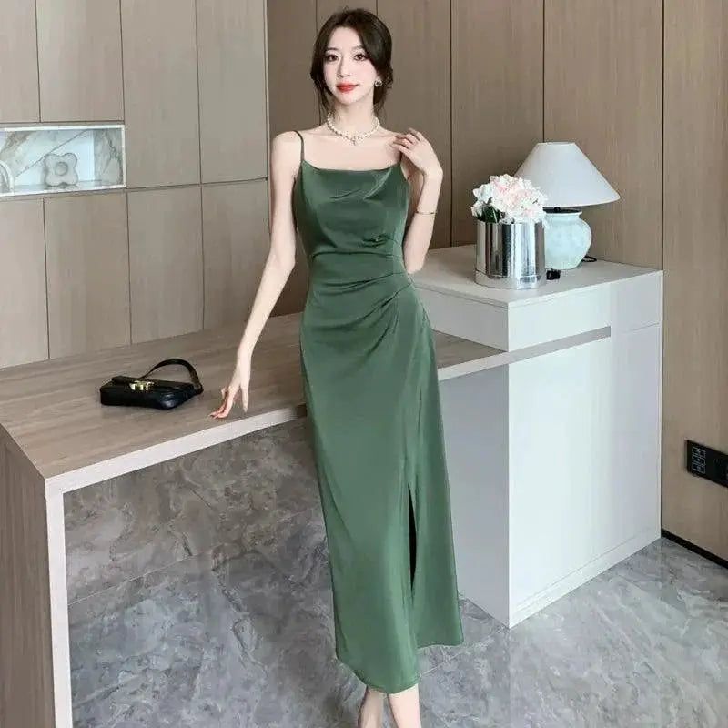 French Satin Dress Suit Off Shoulder Summer Look Elegant