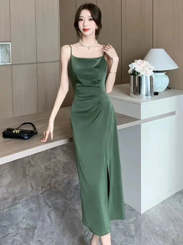 French Satin Dress Suit Off Shoulder Summer Look Elegant