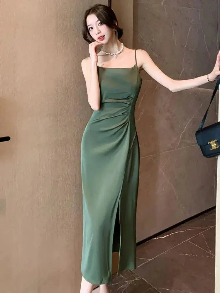 French Satin Dress Suit Off Shoulder Summer Look Elegant