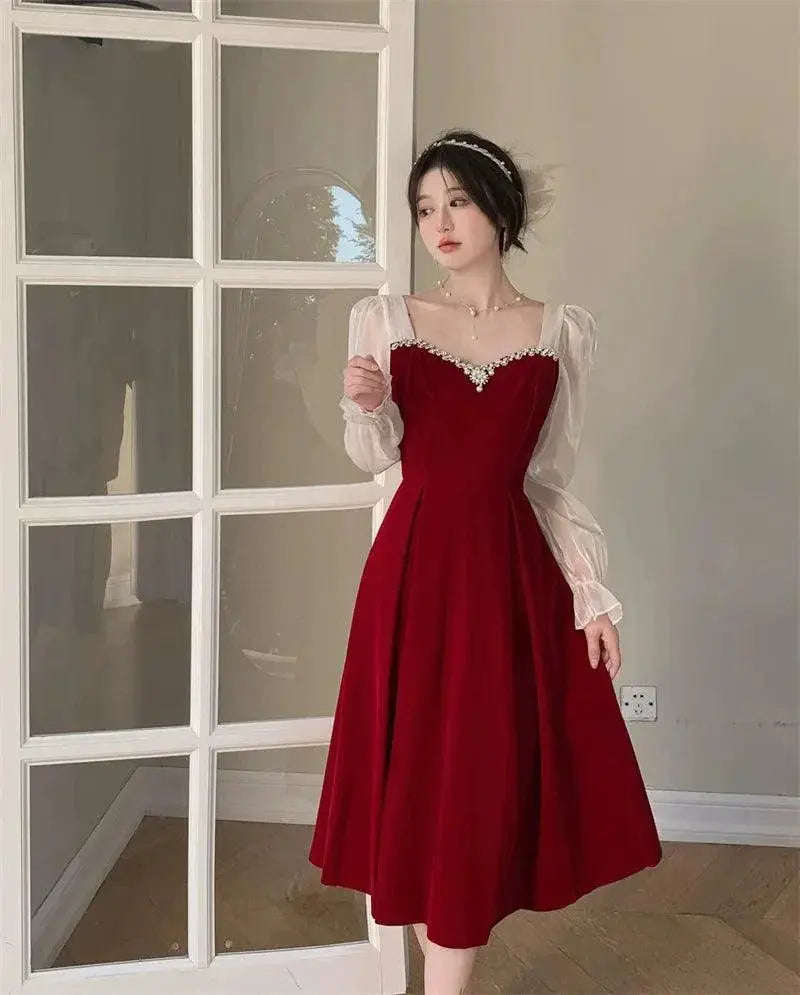 French Wine Red Velvet Elegant A Line Dress Autumn Winter