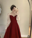 French Wine Red Velvet Elegant A-Line Dress for Autumn Winter