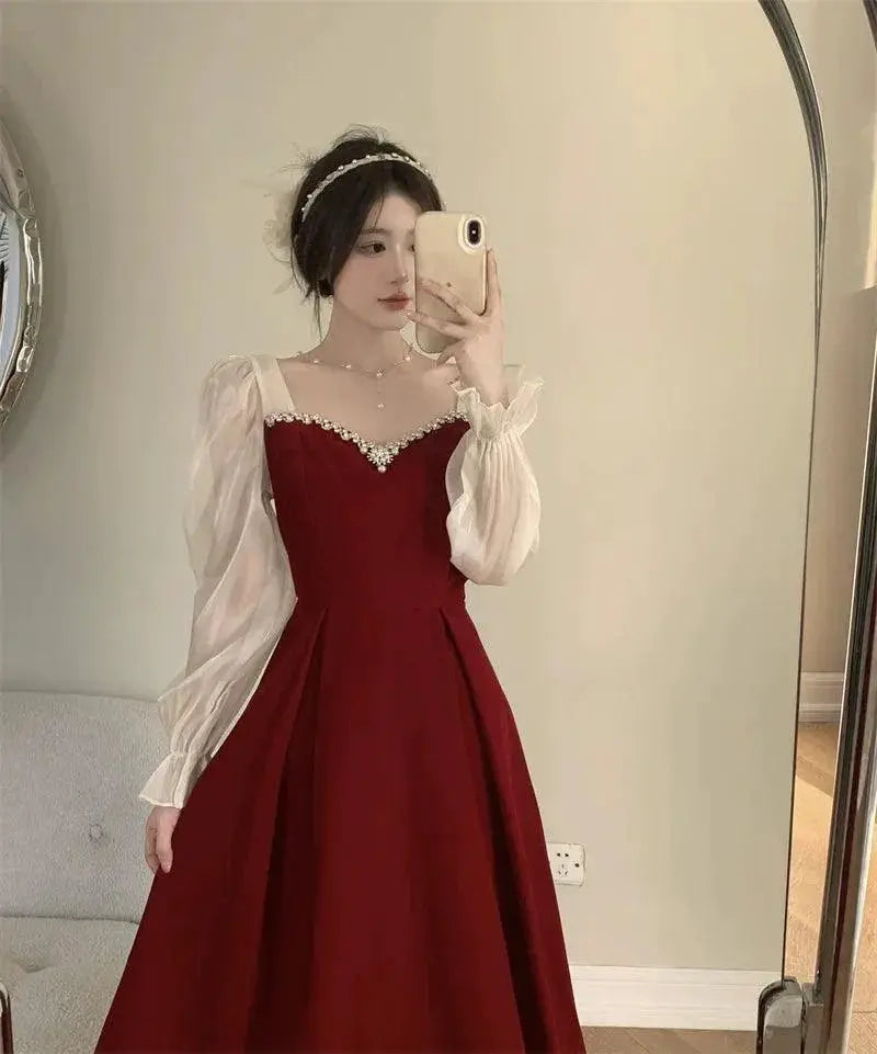 French Wine Red Velvet Elegant A Line Dress Autumn Winter