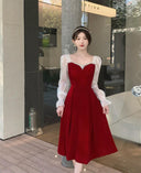 French Wine Red Velvet Elegant A-Line Dress for Autumn Winter