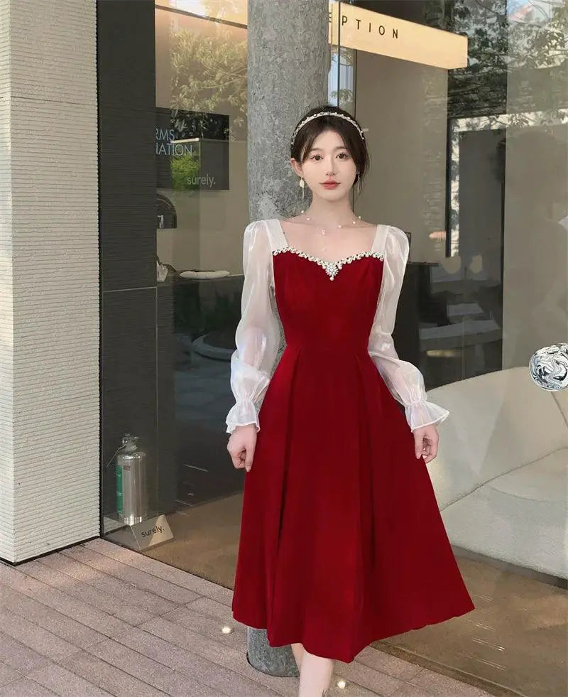 French Wine Red Velvet Elegant A Line Dress Autumn Winter