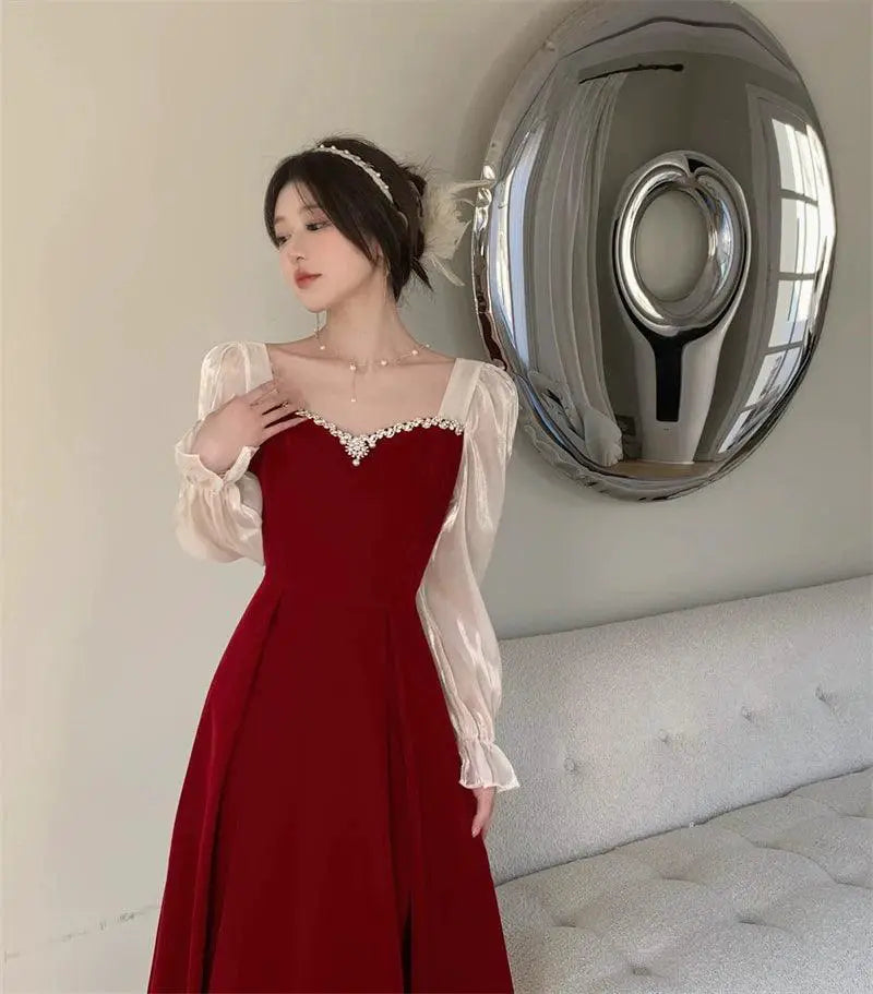 French Wine Red Velvet Elegant A Line Dress Autumn Winter
