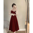 French Wine Red Velvet Elegant A-Line Dress for Autumn Winter