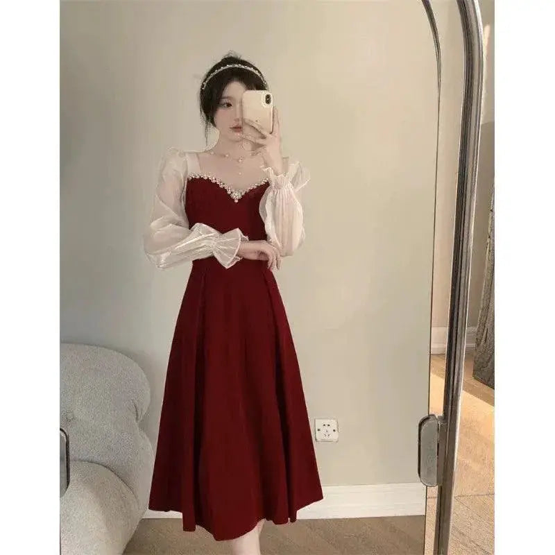 French Wine Red Velvet Elegant A Line Dress Autumn Winter