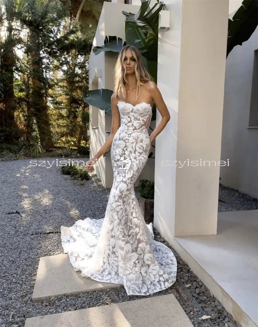 Full Lace Applique Mermaid Wedding Dress Backless With Sweep Train Dream Day
