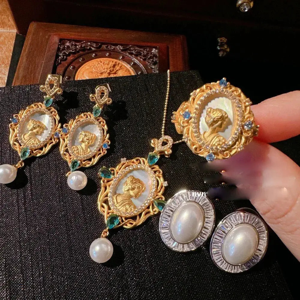 Gemstone Necklace and Zirconia Pearl Earrings Set 18K Gold - OurLum.com