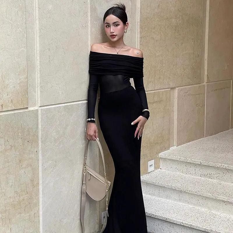 Black Knit Dress Elegant Autumn Style for Women Premium