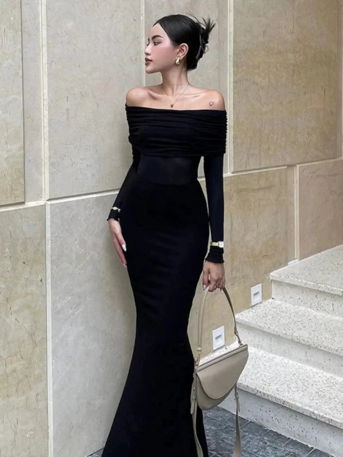 Black Knit Dress Elegant Autumn Style for Women Premium