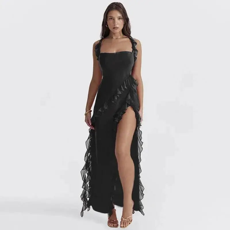 Giyu Chic Red Black Ruffle Dress Elegant Summer Gown