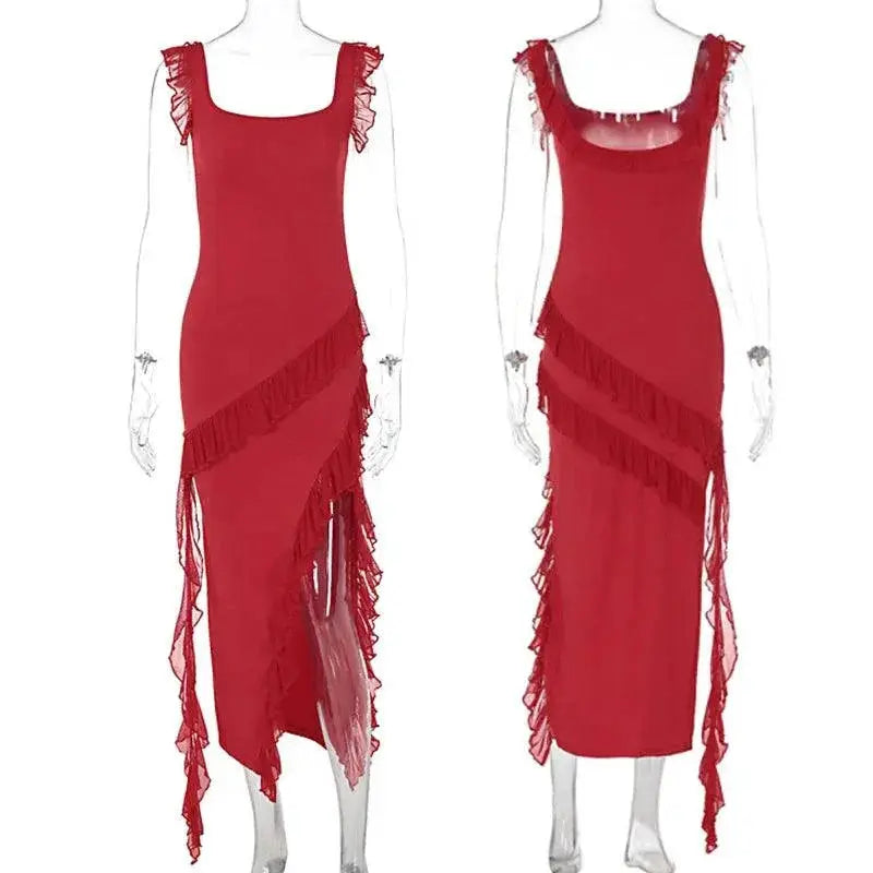 Giyu Chic Red Black Ruffle Dress Elegant Summer Gown